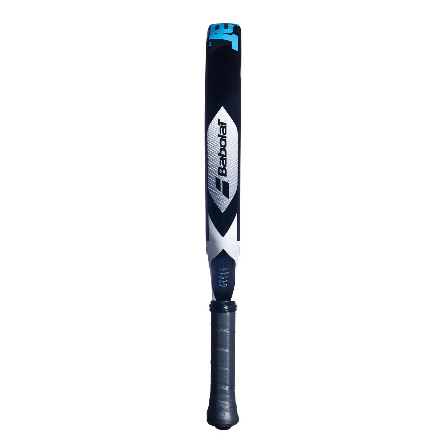 The side of a blue, white and black Babolat padel racket on a white background.