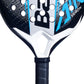 Close-up of a blue, white and black Babolat padel racket on a white background.