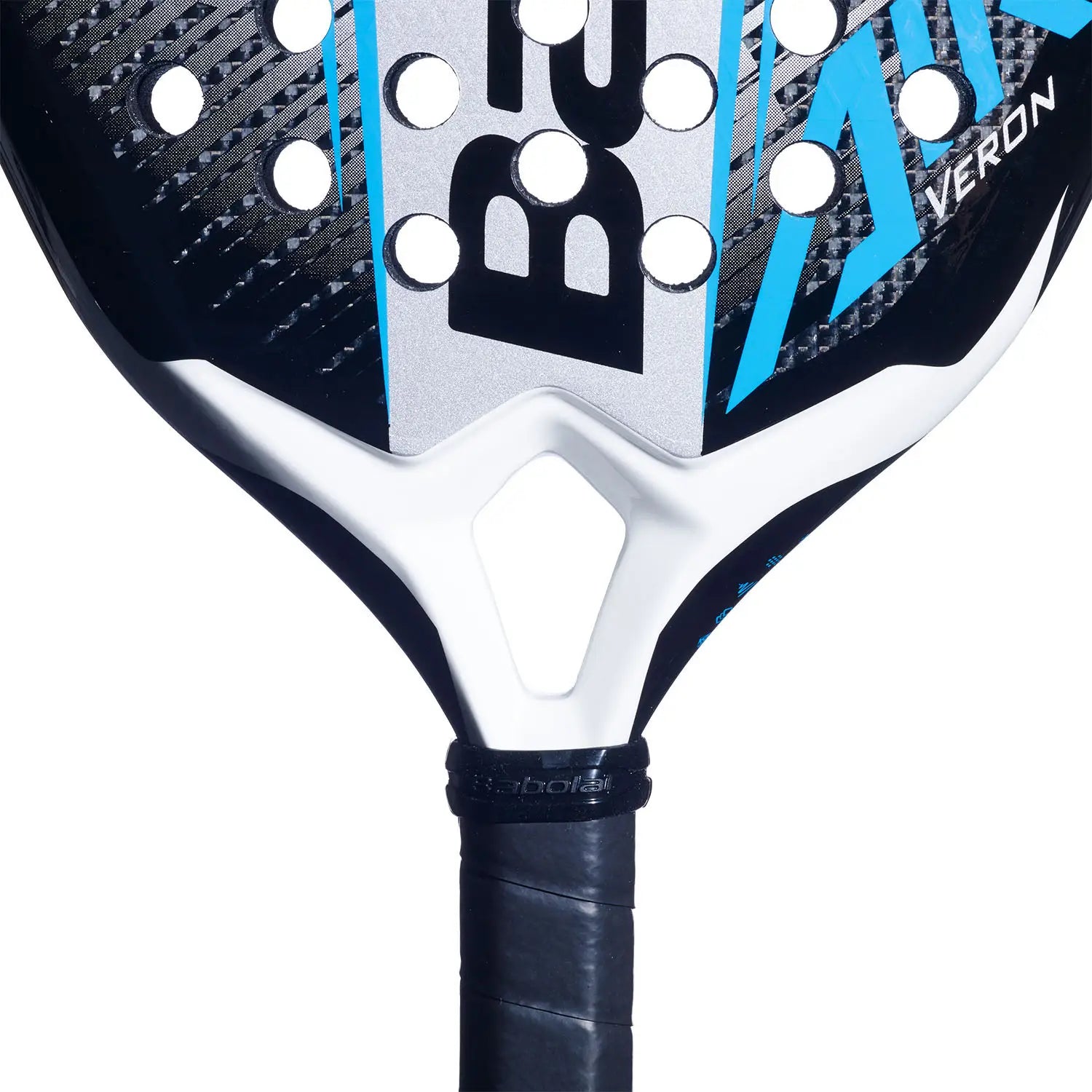 Close-up of a blue, white and black Babolat padel racket on a white background.