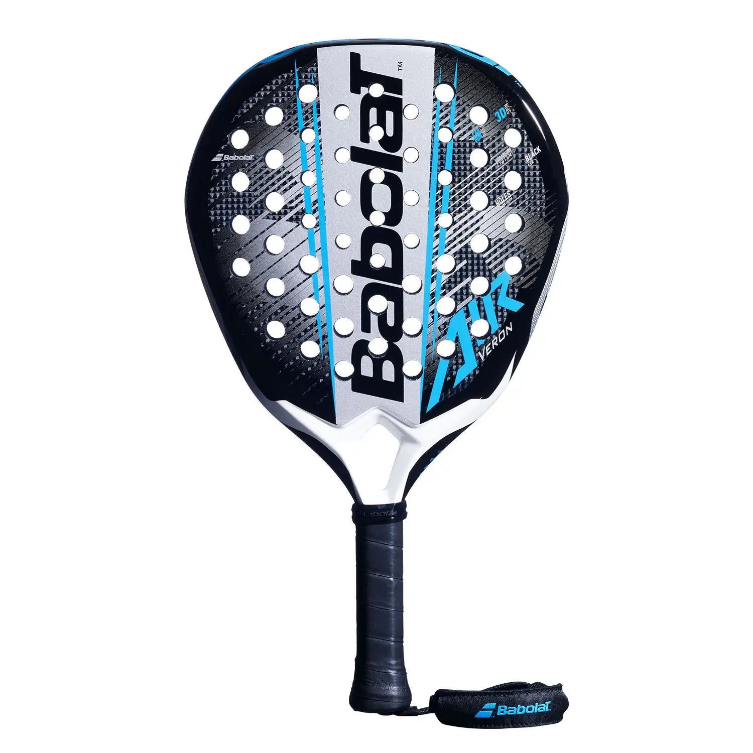 A blue, white and black Babolat padel racket on a white background.