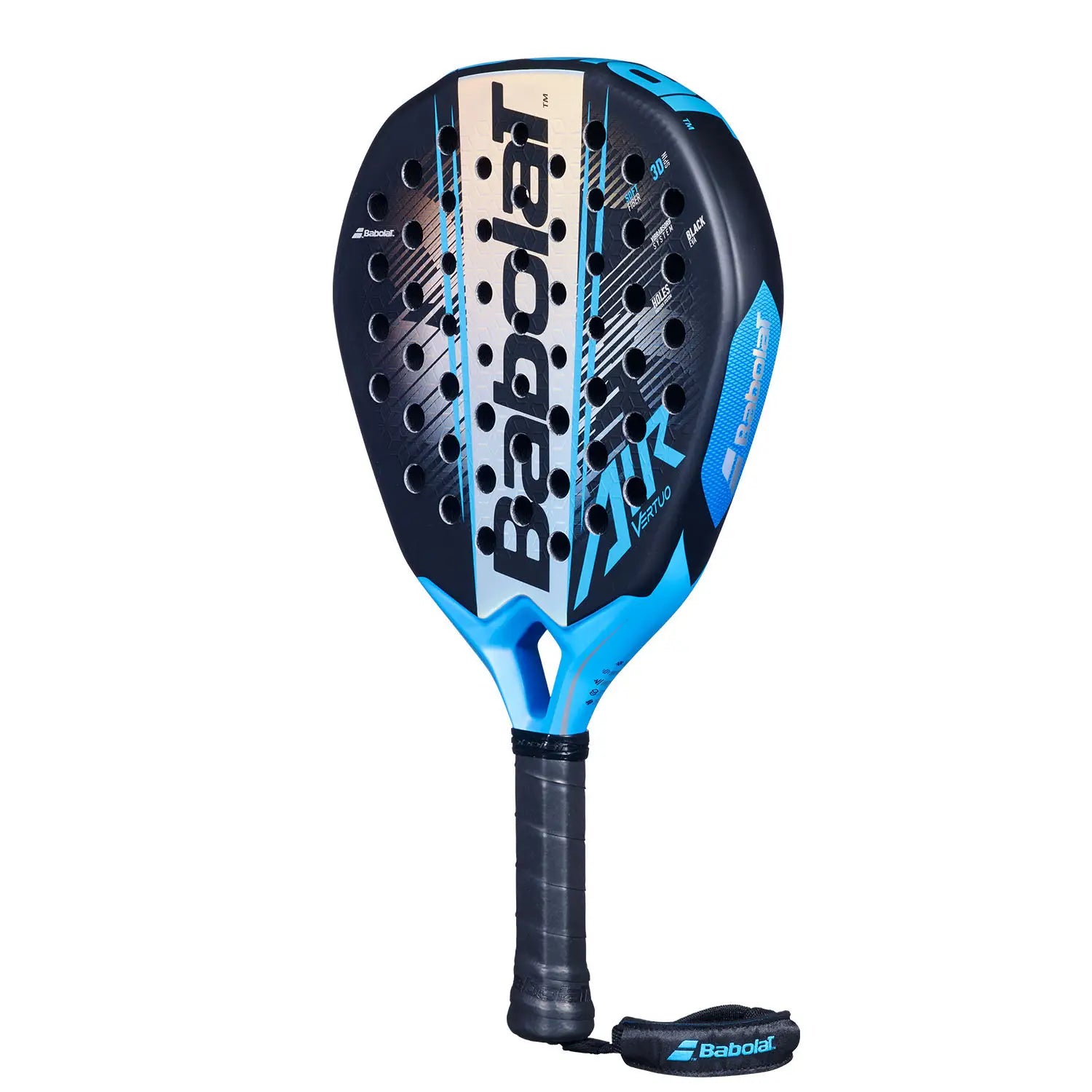 A blue 2026 Babolat padel racket with light blue branding on a white background.