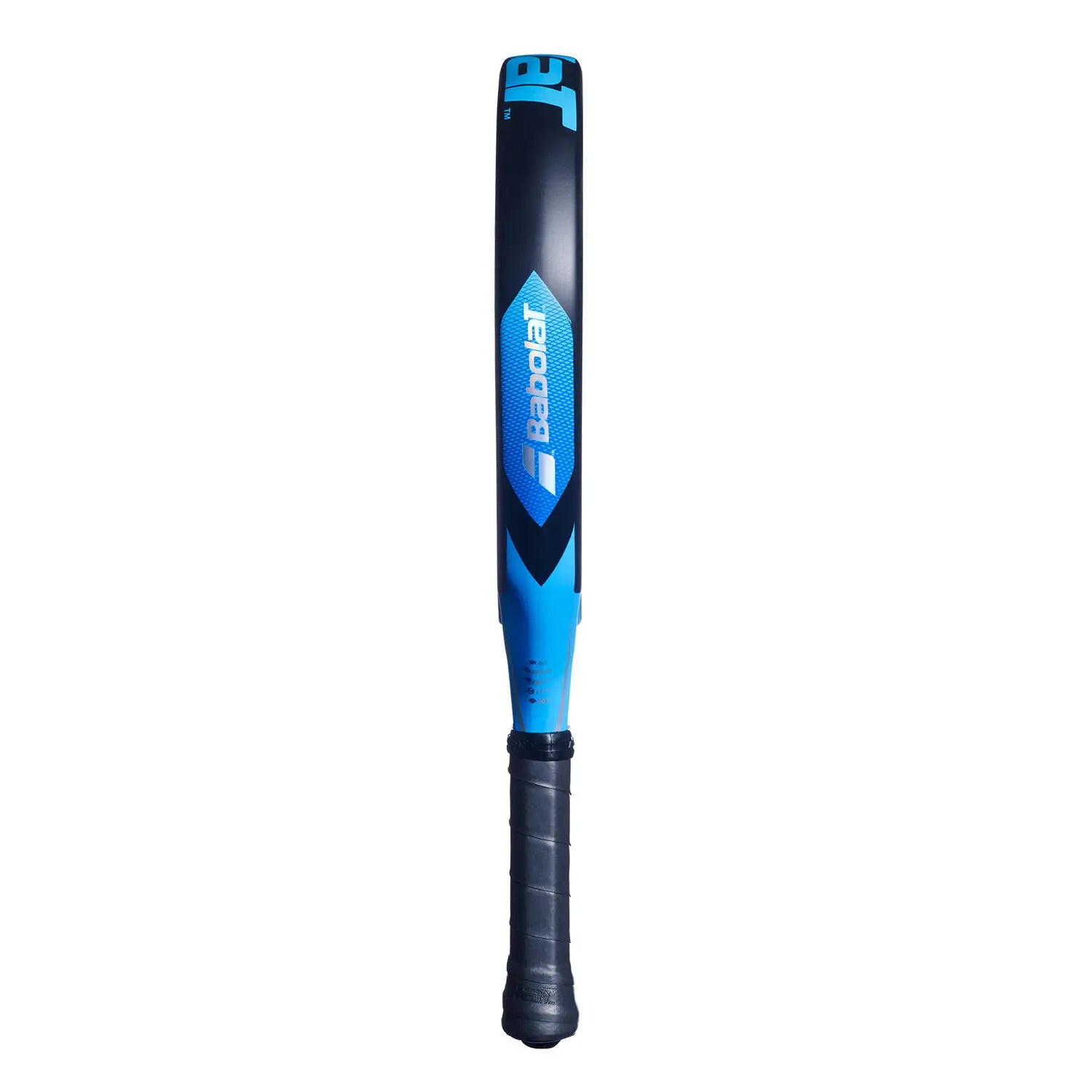 The side of a blue 2026 Babolat padel racket with light blue branding on a white background.