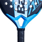 A close up of a blue 2026 Babolat padel racket with light blue branding on a white background.