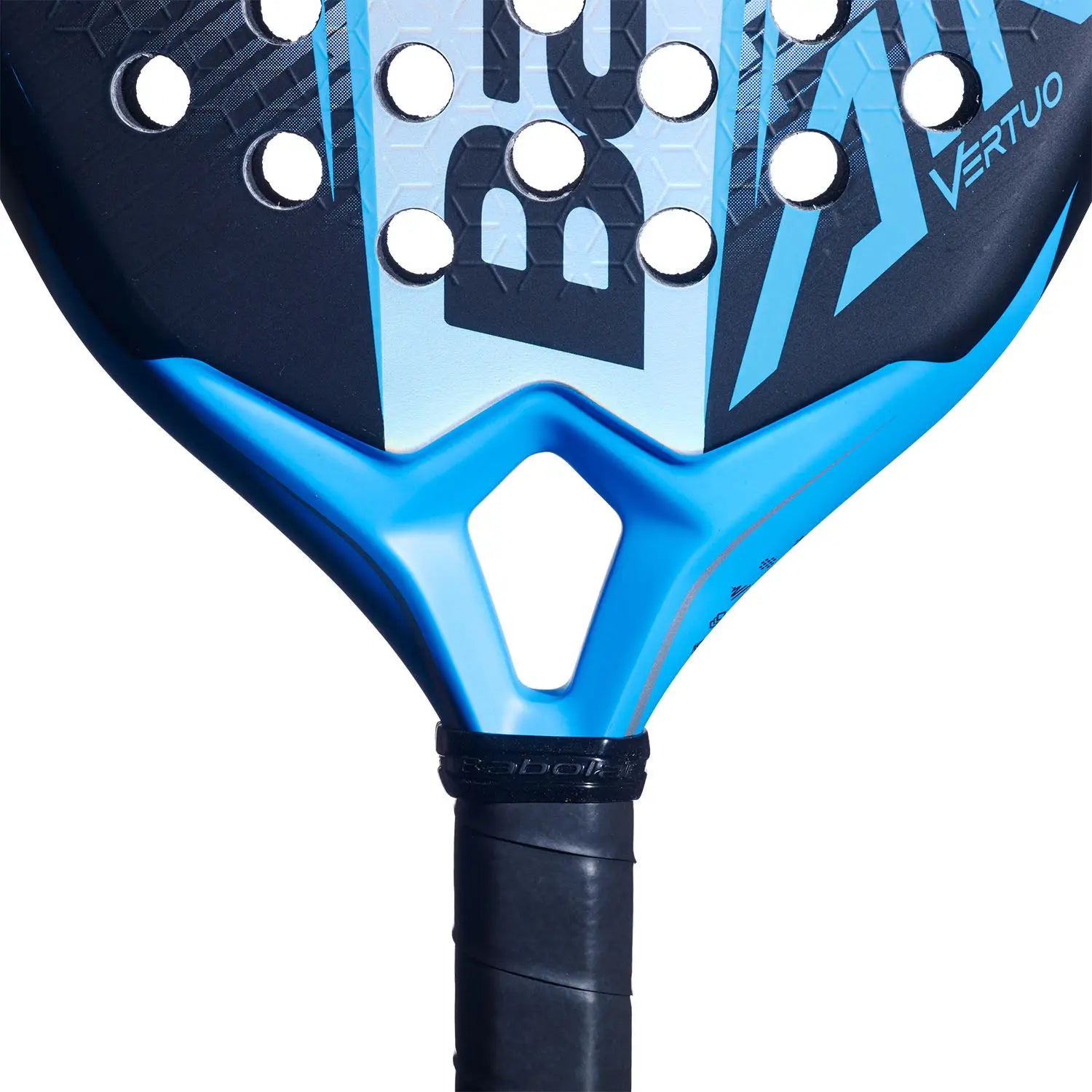 A close up of a blue 2026 Babolat padel racket with light blue branding on a white background.