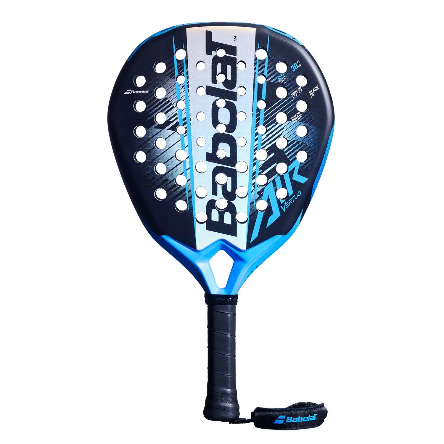 A blue 2026 Babolat padel racket with light blue branding on a white background.