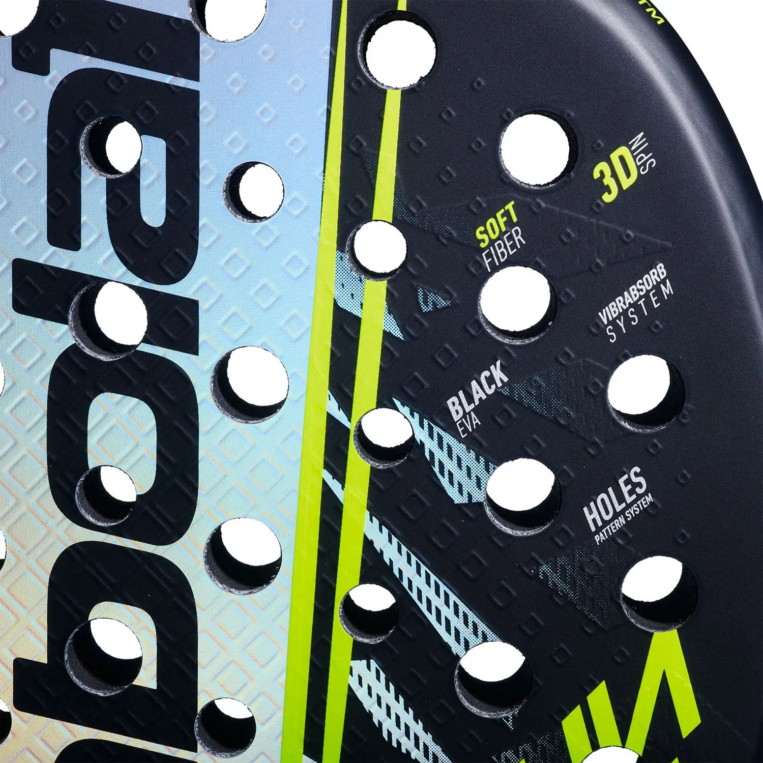 The face of a blue and yellow 2026 Babolat padel racket on a white background.