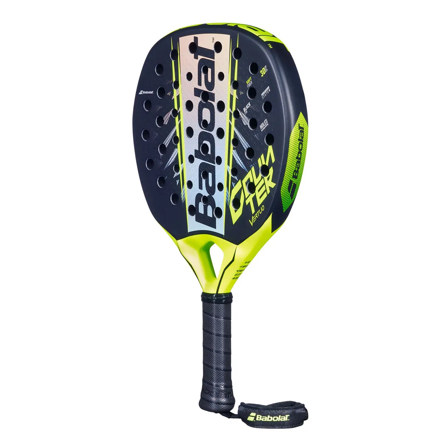 A blue and yellow 2026 Babolat padel racket on a white background.
