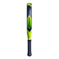 The side of a blue and yellow 2026 Babolat padel racket on a white background.