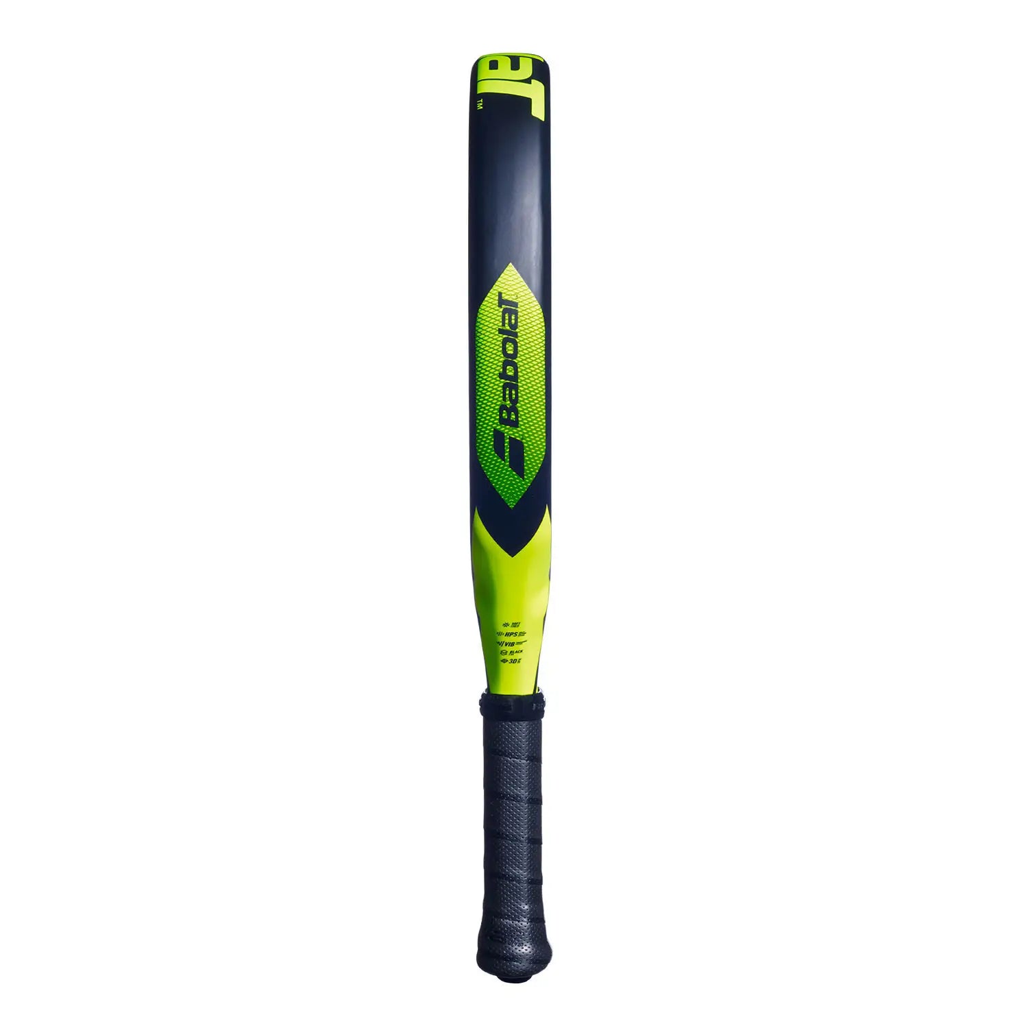 The side of a blue and yellow 2026 Babolat padel racket on a white background.