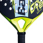 A close up of a blue and yellow 2026 Babolat padel racket on a white background.