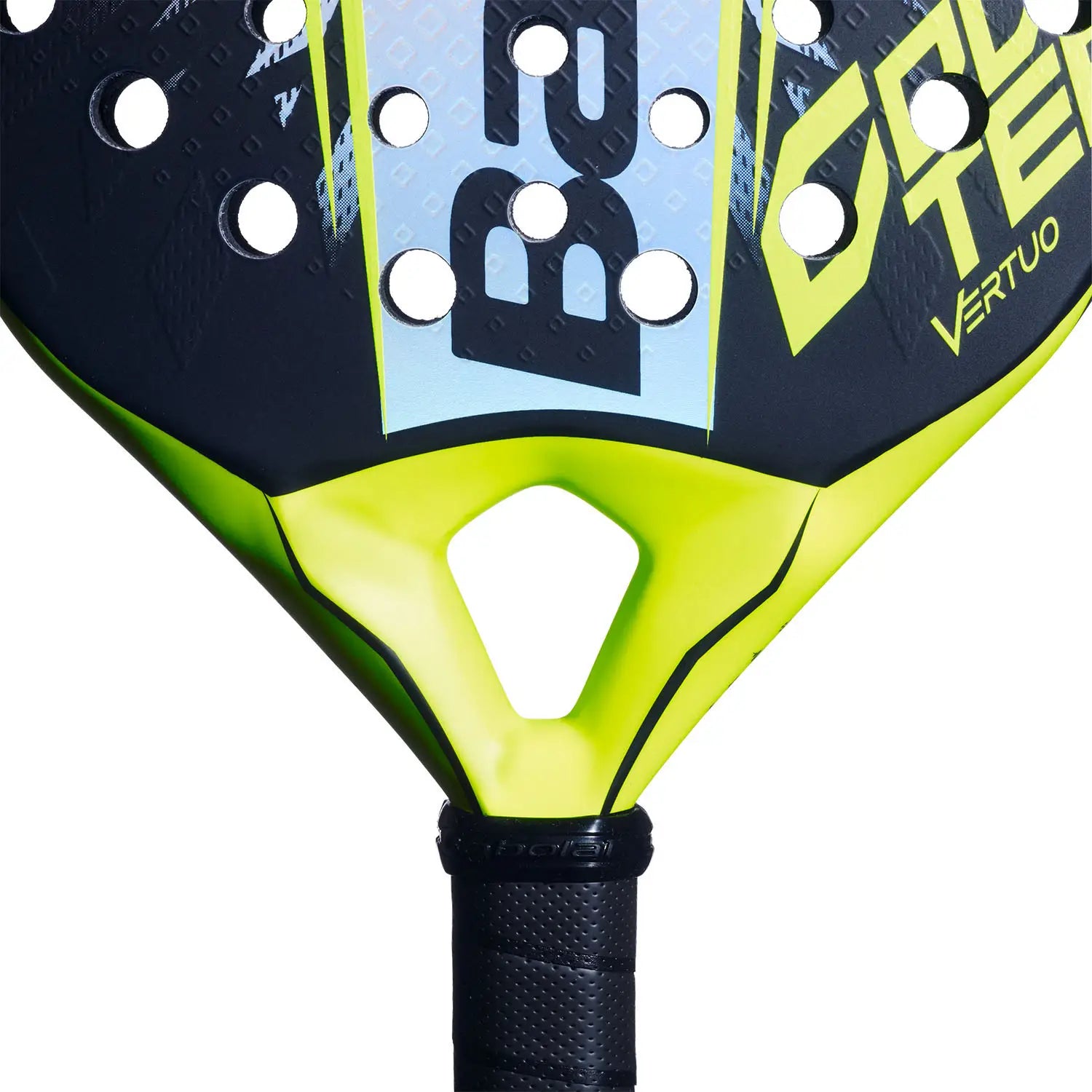 A close up of a blue and yellow 2026 Babolat padel racket on a white background.