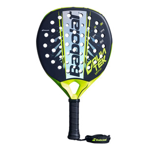 A blue and yellow 2026 Babolat padel racket on a white background.