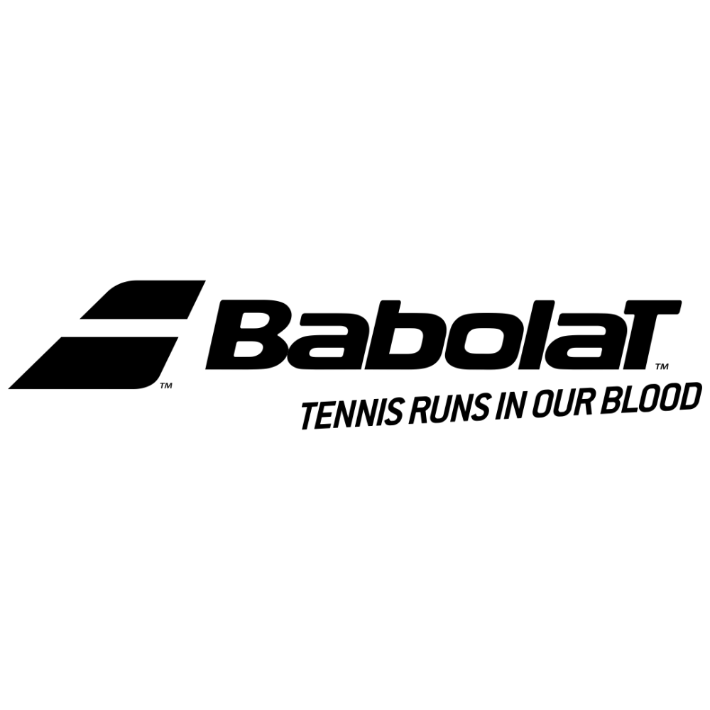Babolat logo in black on a white background, with the tagline 'TENNIS RUNS IN OUR BLOOD' underneath.