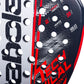 The face of a black, red and white Babolat padel racket on a white background.
