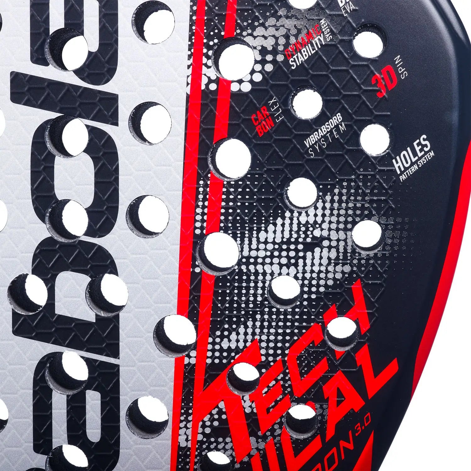 The face of a black, red and white Babolat padel racket on a white background.