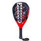 A black, red and white Babolat padel racket on a white background.