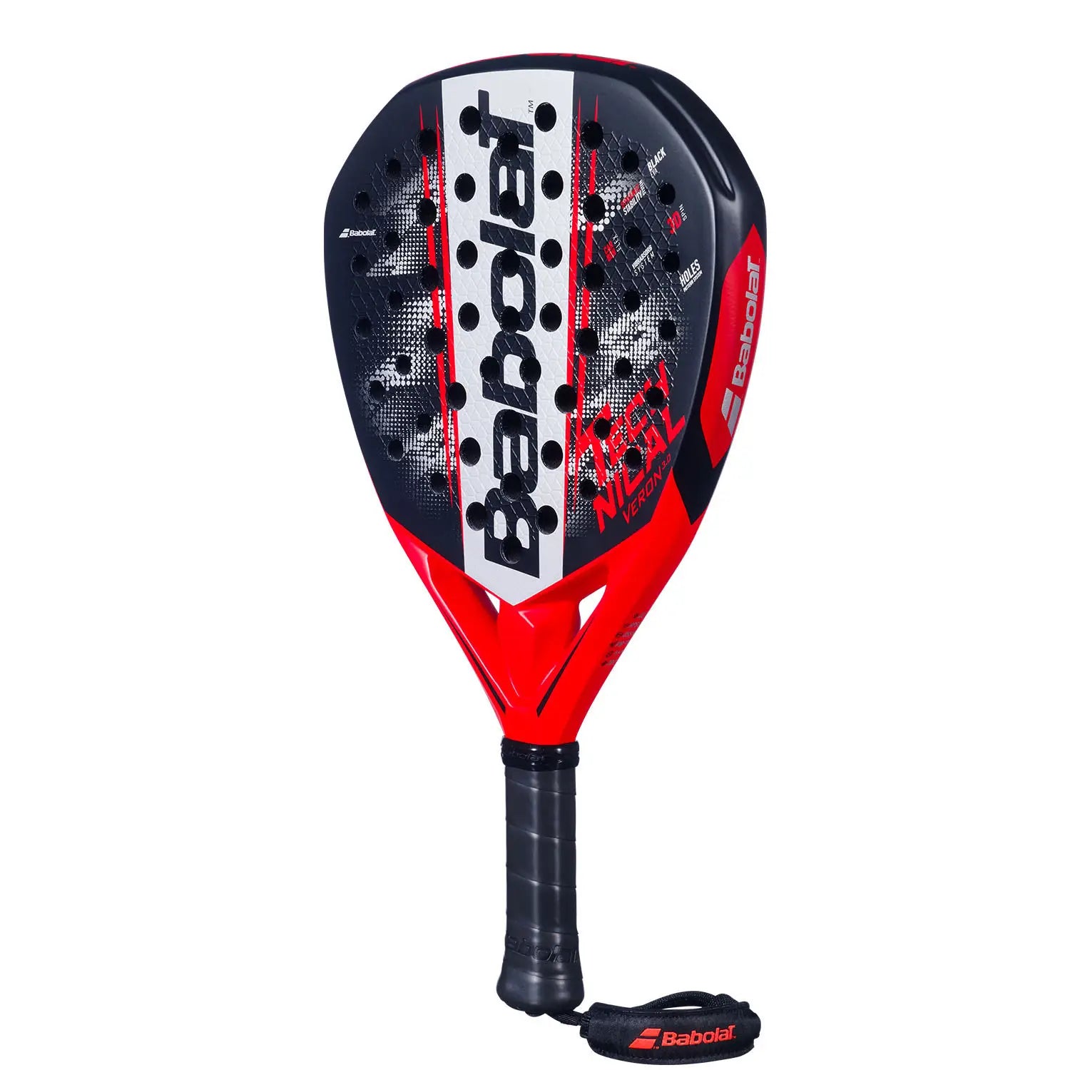A black, red and white Babolat padel racket on a white background.