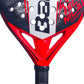 Close-up of a black, red and white Babolat padel racket on a white background.