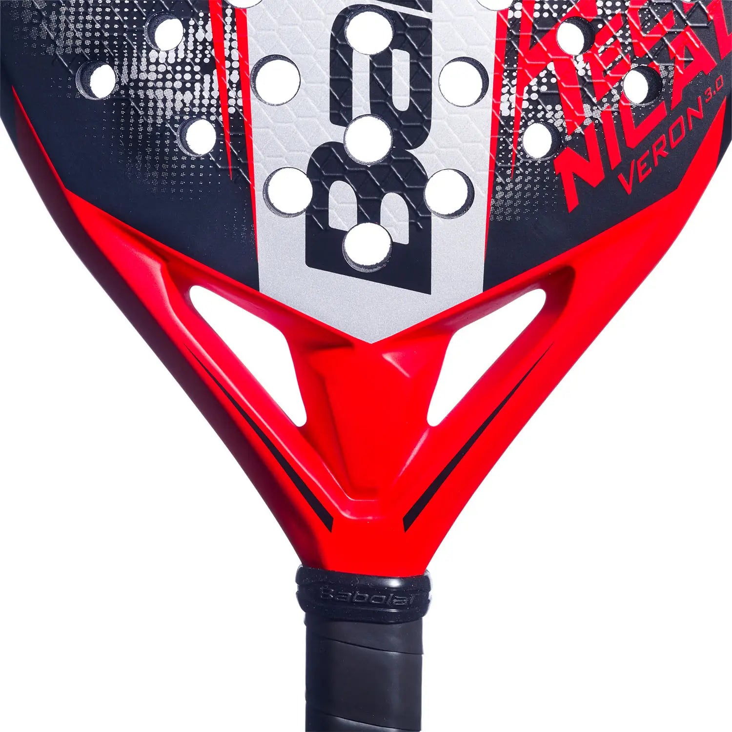 Close-up of a black, red and white Babolat padel racket on a white background.