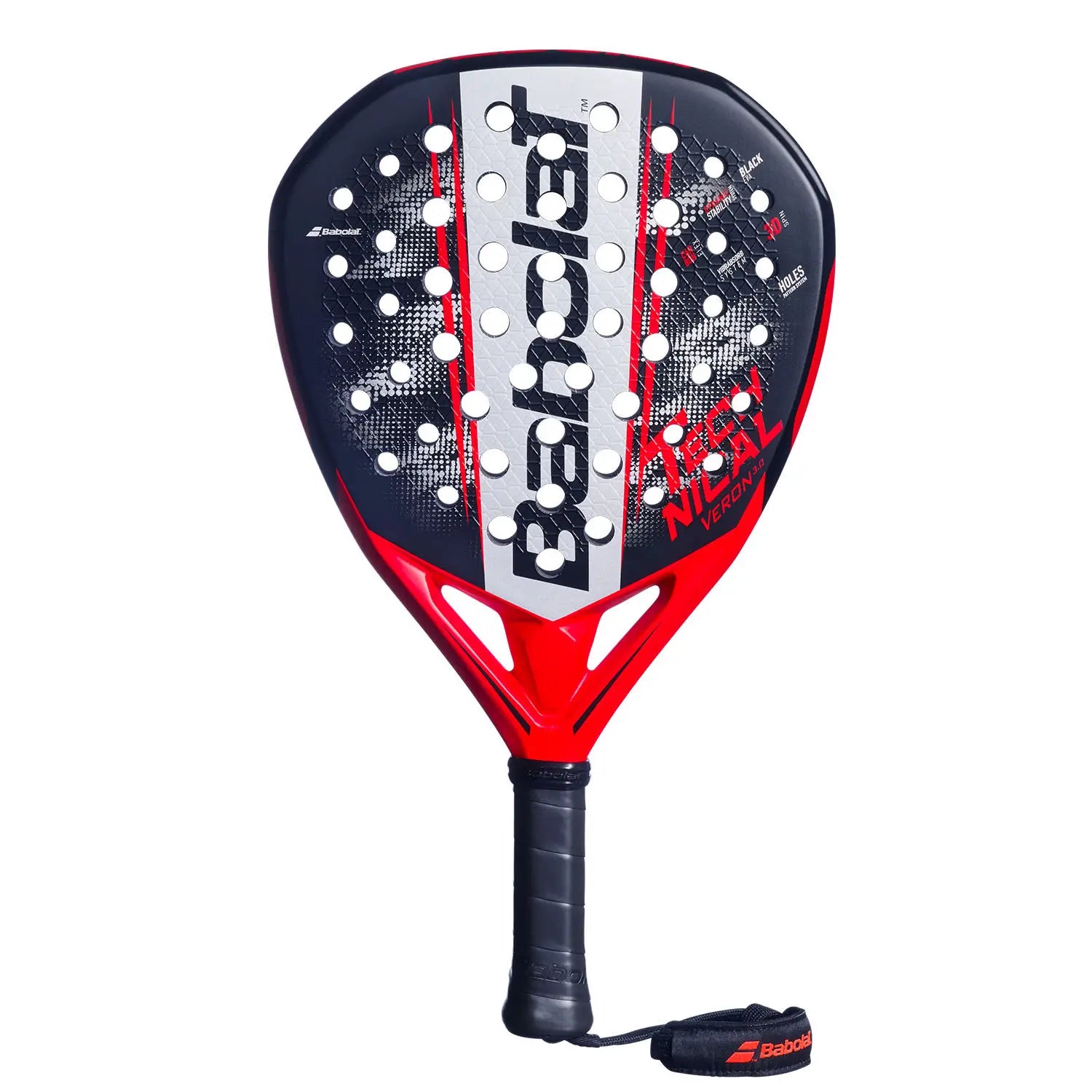 A black, red and white Babolat padel racket on a white background.