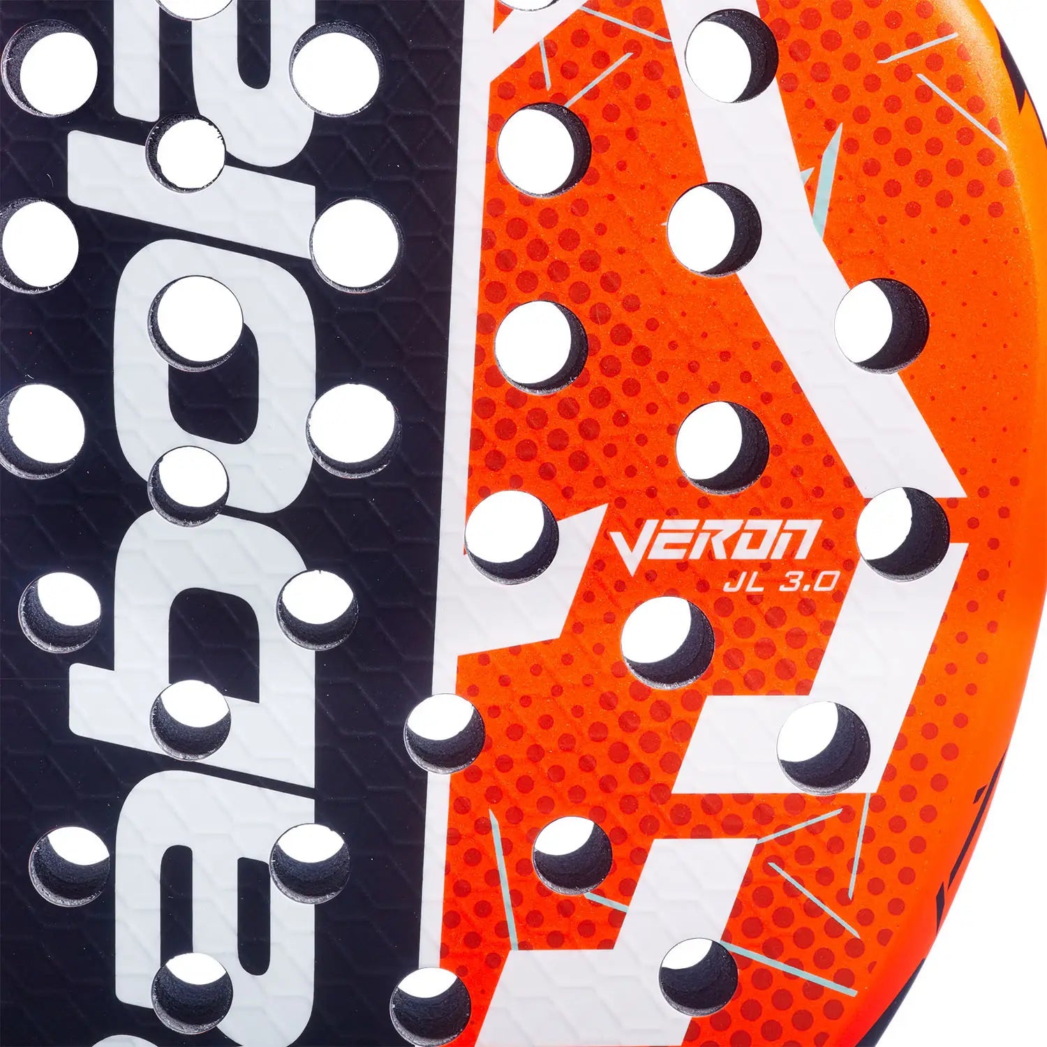 The face of an orange and black Babolat padel racket on a white background.