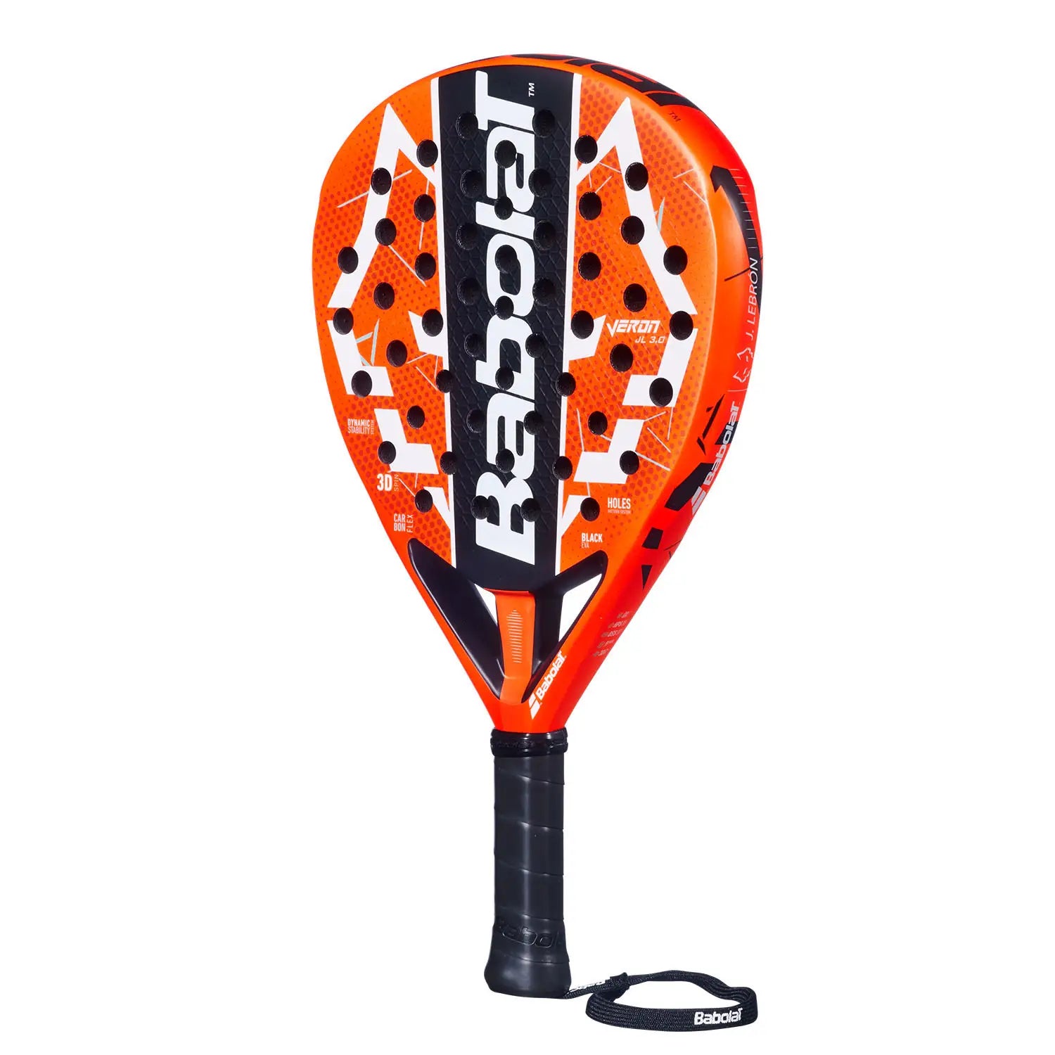 An orange and black Babolat padel racket on a white background.