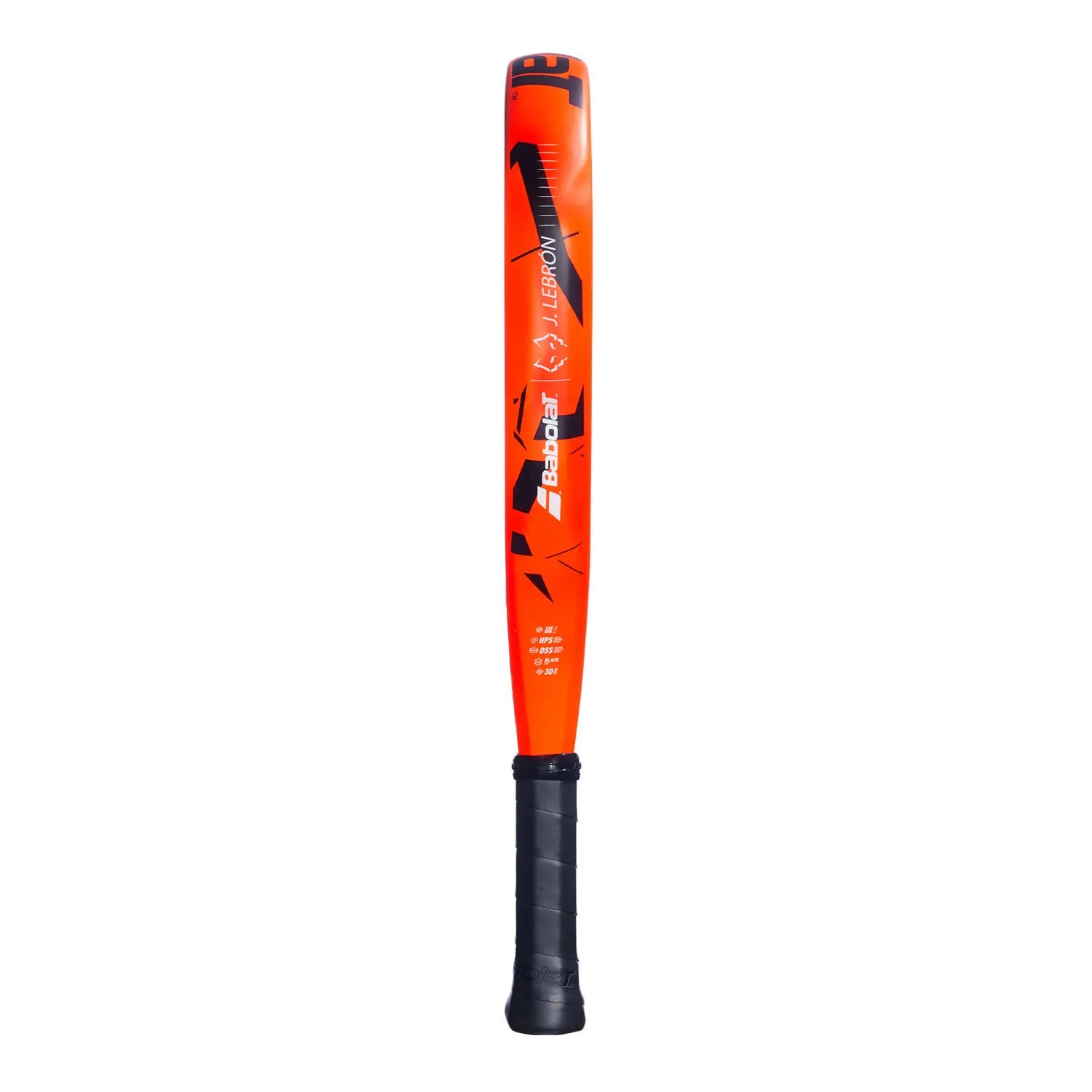 The side of an orange and black Babolat padel racket on a white background.