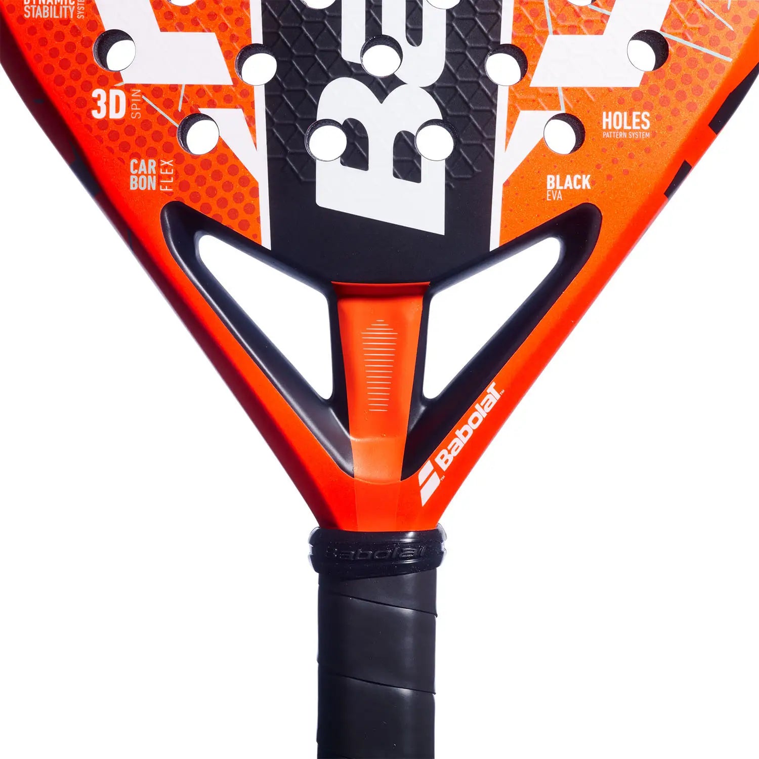 Close-up of an orange and black Babolat padel racket on a white background.