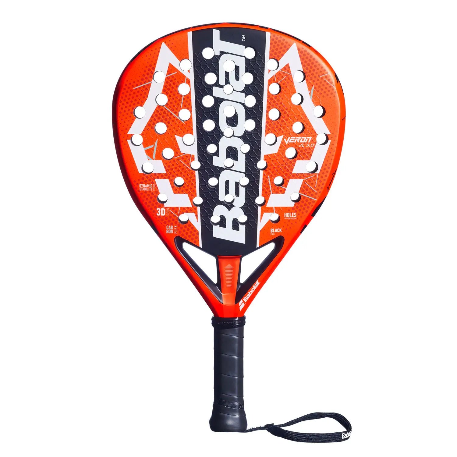 An orange and black Babolat padel racket on a white background.