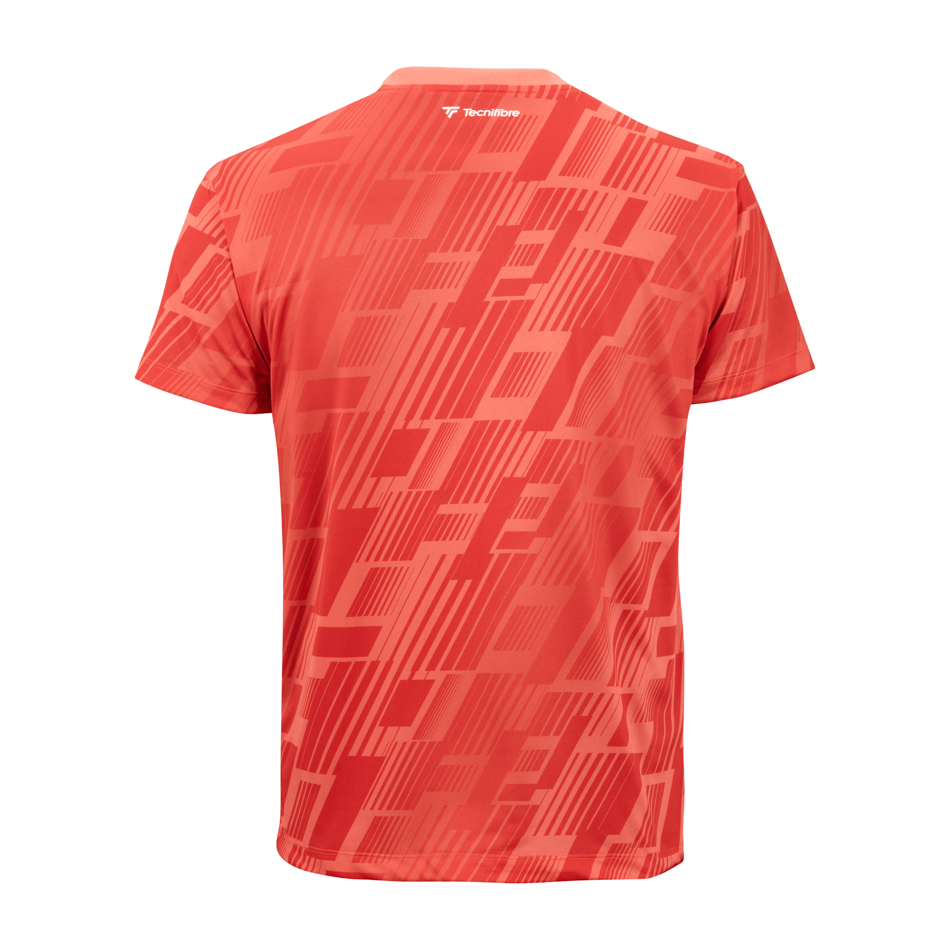 Back of a red patterned Tecnifibre sports t-shirt