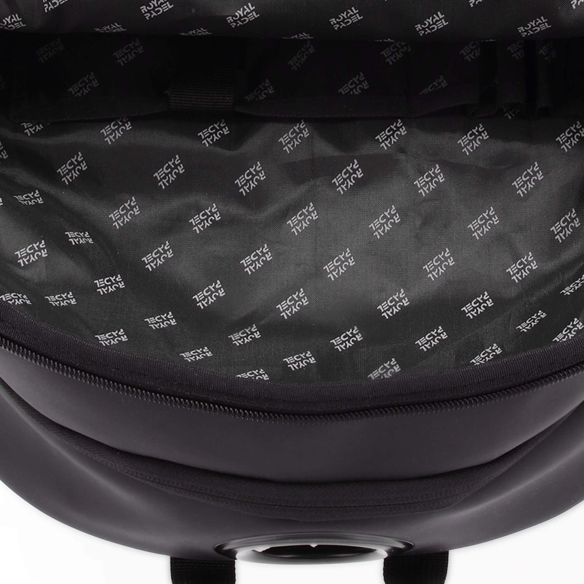 Close up of the inside detailing of a black Royal Padel backpack.