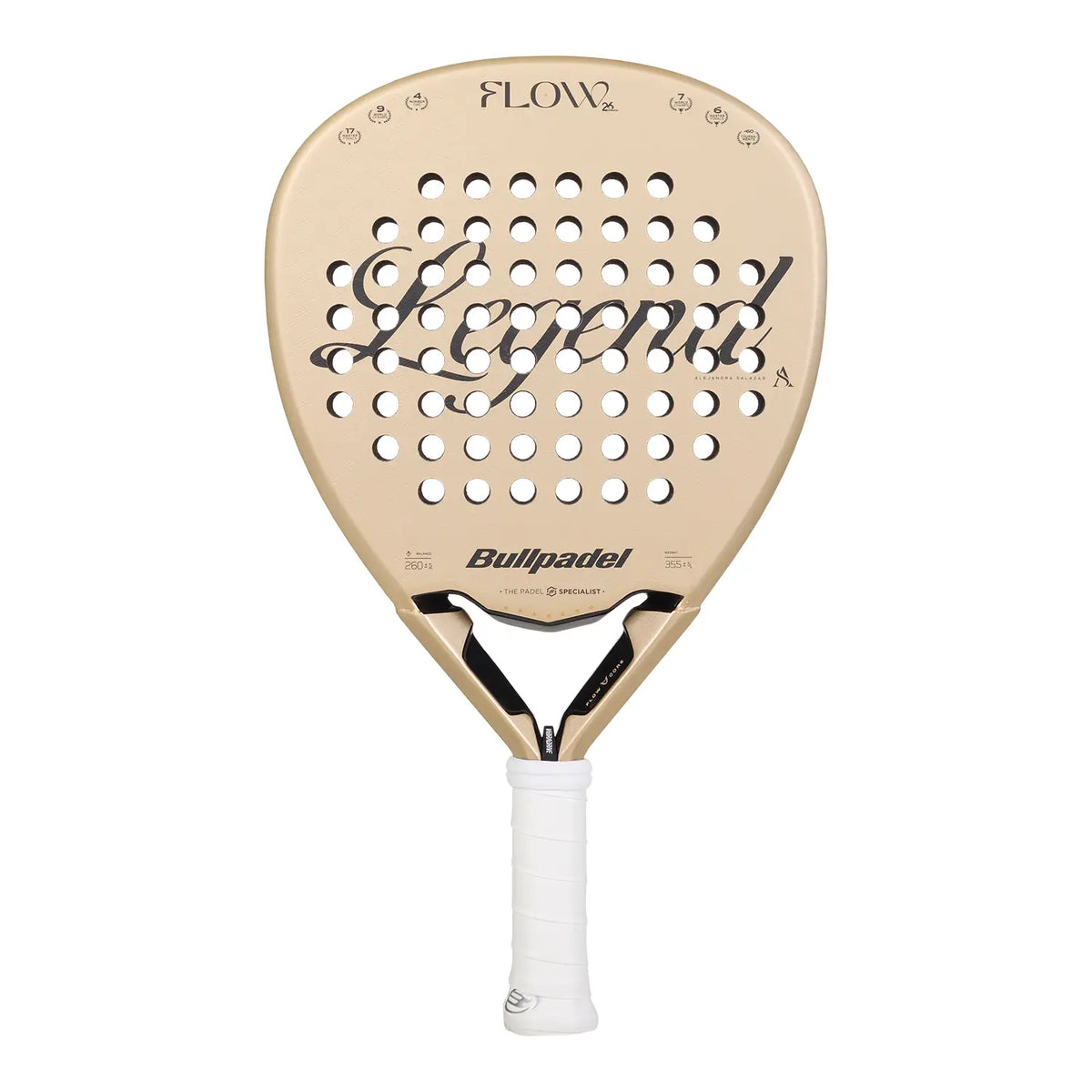 A gold 2027 Bullpadel Flow padel racket on a white background, with 'Legend' on the face.