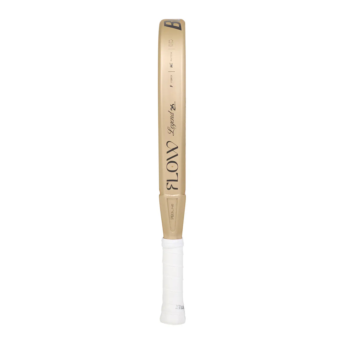 The side of a gold 2027 Bullpadel Flow padel racket on a white background.