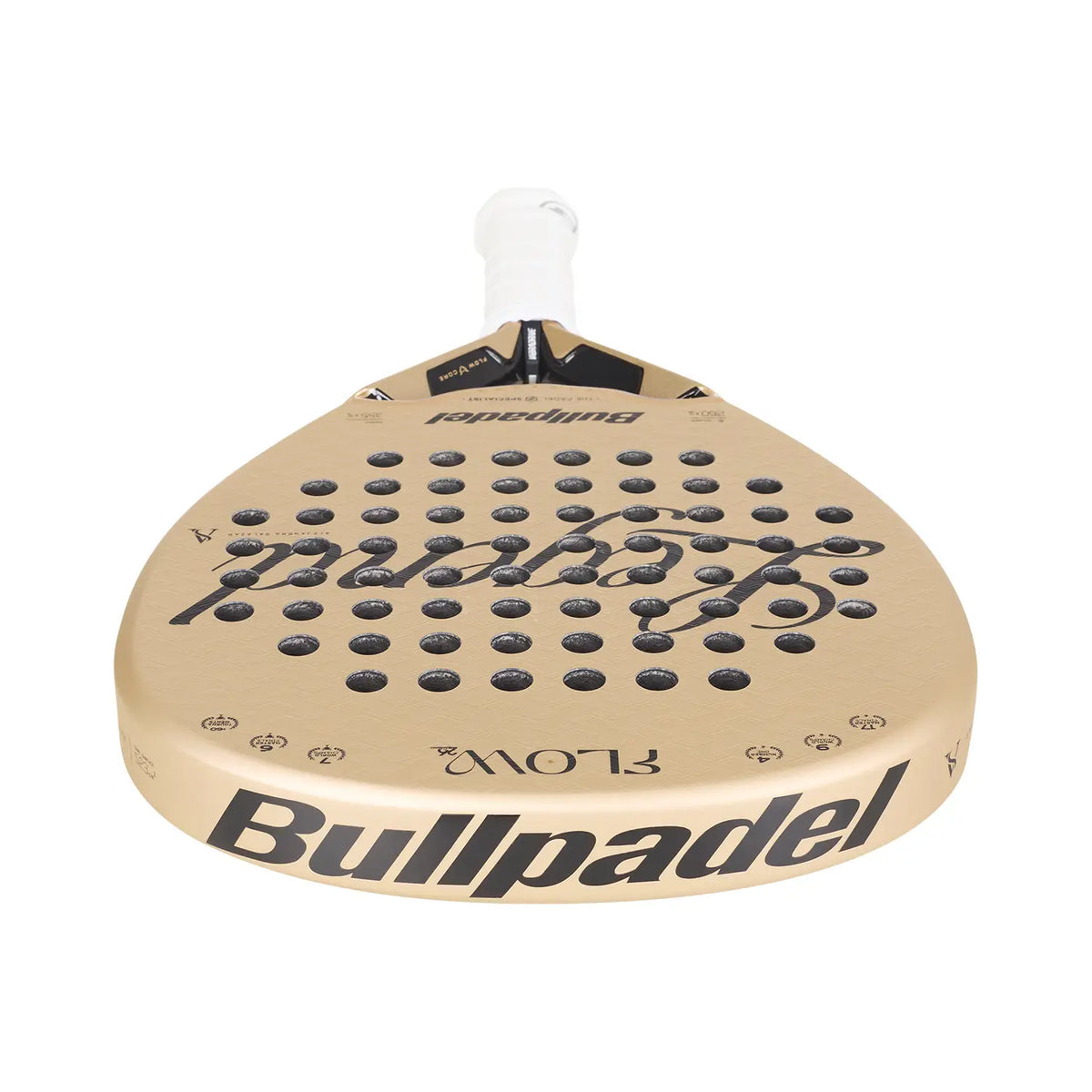 The top of a gold 2027 Bullpadel Flow padel racket on a white background.