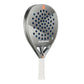 A silver Bullpadel padel racket with a white handle on a white background.