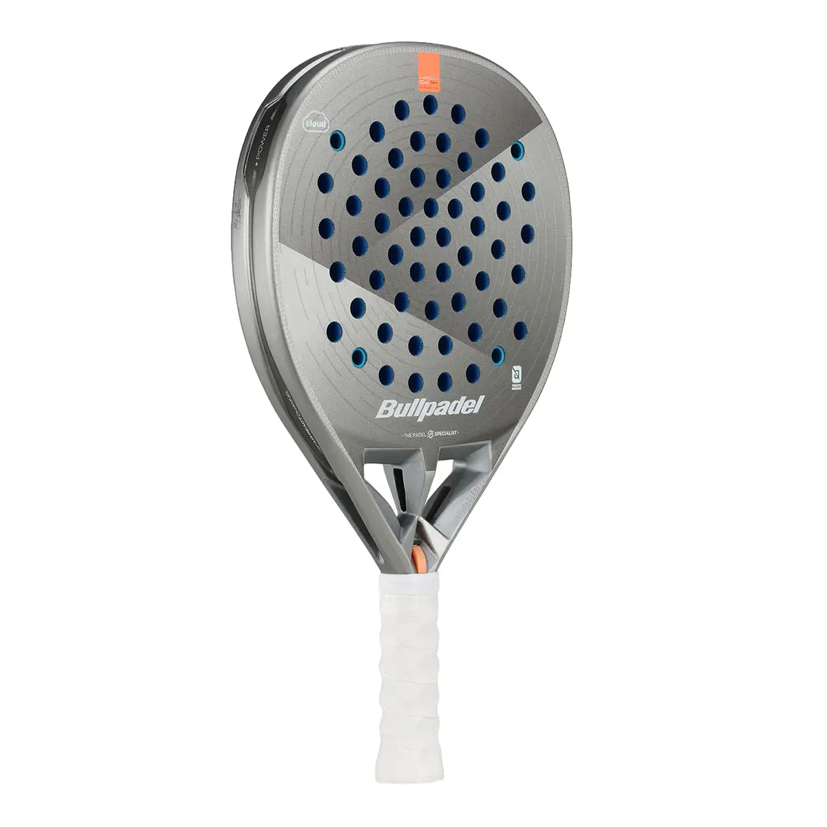 A silver Bullpadel padel racket with a white handle on a white background.