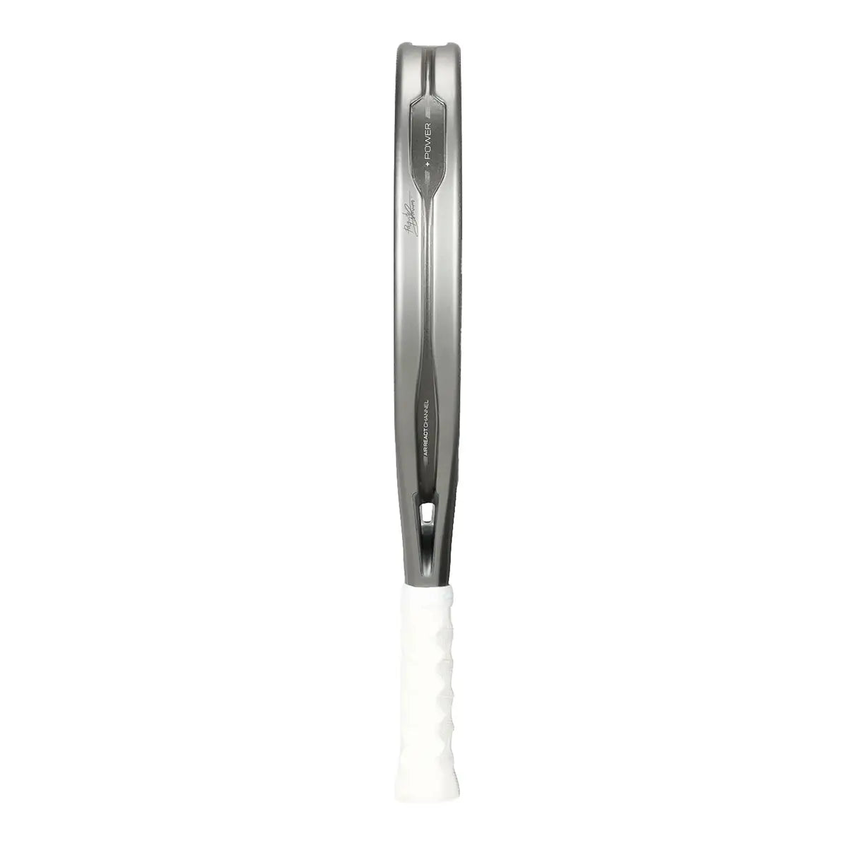 The side of a silver Bullpadel padel racket with a white handle on a white background.