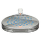 The top of a silver Bullpadel padel racket with a white handle on a white background.