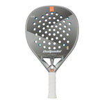 A silver Bullpadel padel racket with a white handle on a white background.