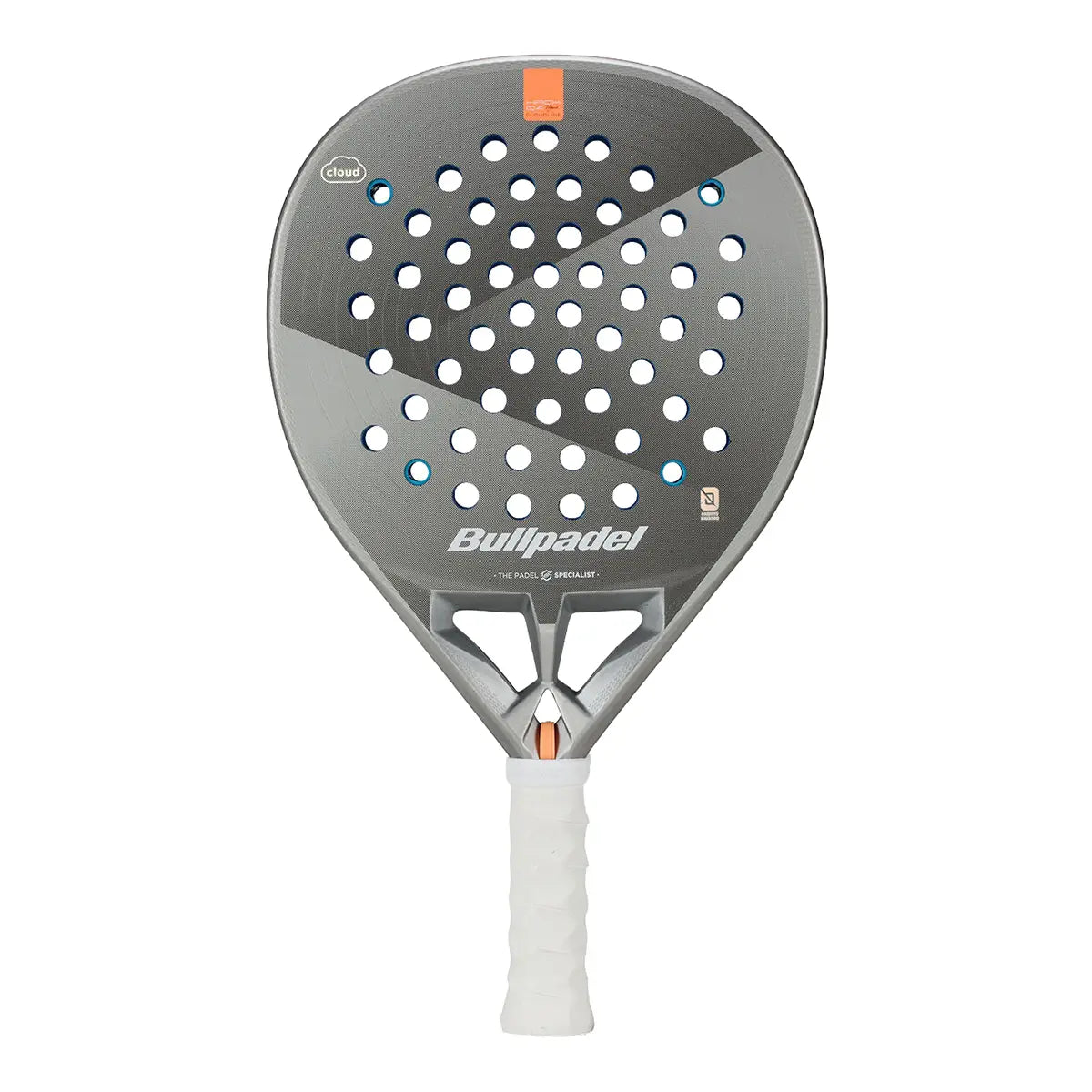 A silver Bullpadel padel racket with a white handle on a white background.