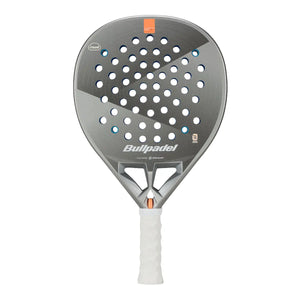 A silver Bullpadel padel racket with a white handle on a white background.