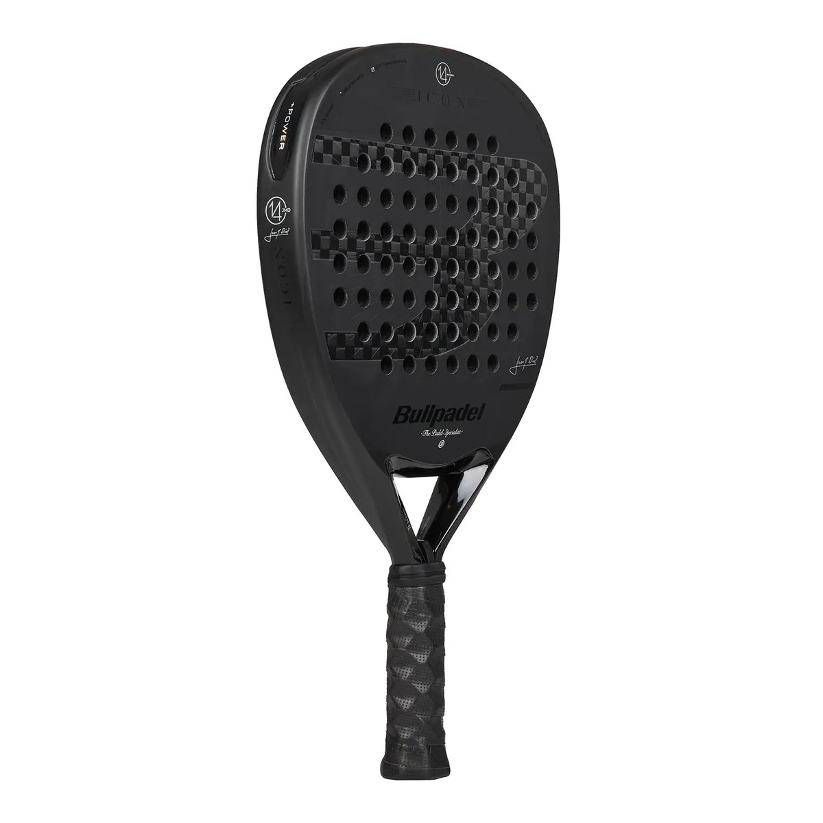 A black Bullpadel 2027 Icon padel racket on a white background.