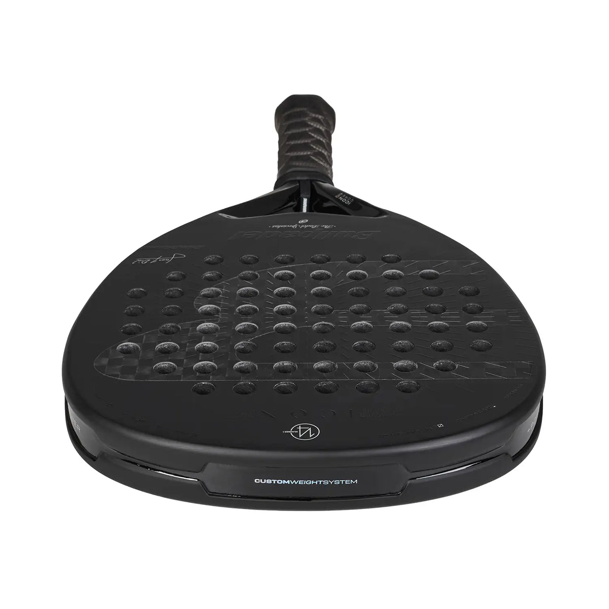 The top of a black Bullpadel 2027 Icon padel racket on a white background.