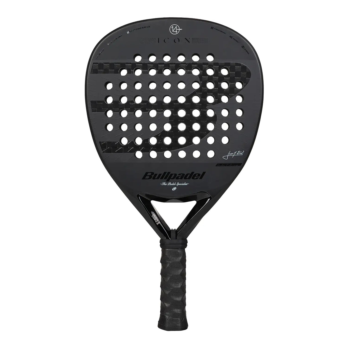 A black Bullpadel 2027 Icon padel racket on a white background.