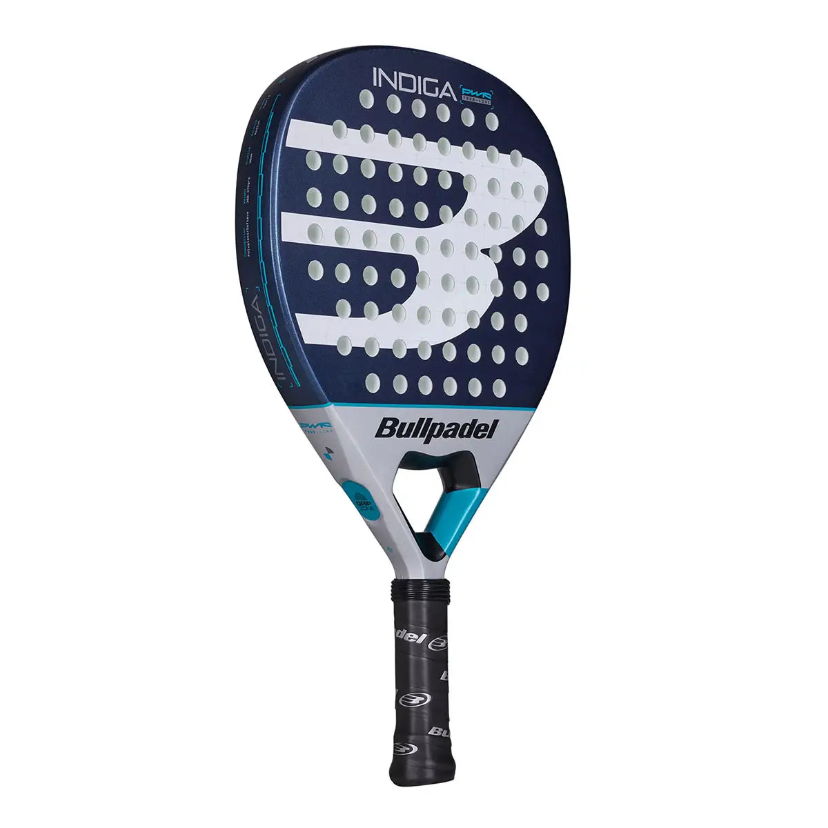 A blue Bullpadel Indiga padel racket on a white background.