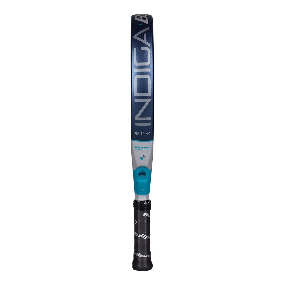 The side of a blue Bullpadel Indiga padel racket on a white background.