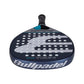 The top of a blue Bullpadel Indiga padel racket on a white background.