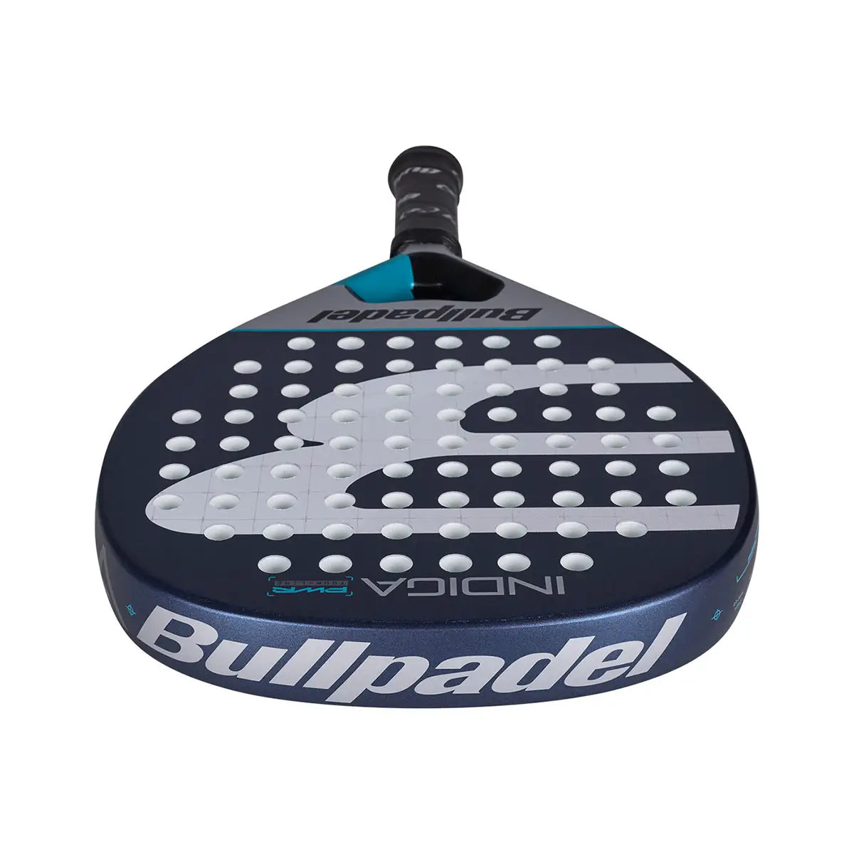 The top of a blue Bullpadel Indiga padel racket on a white background.