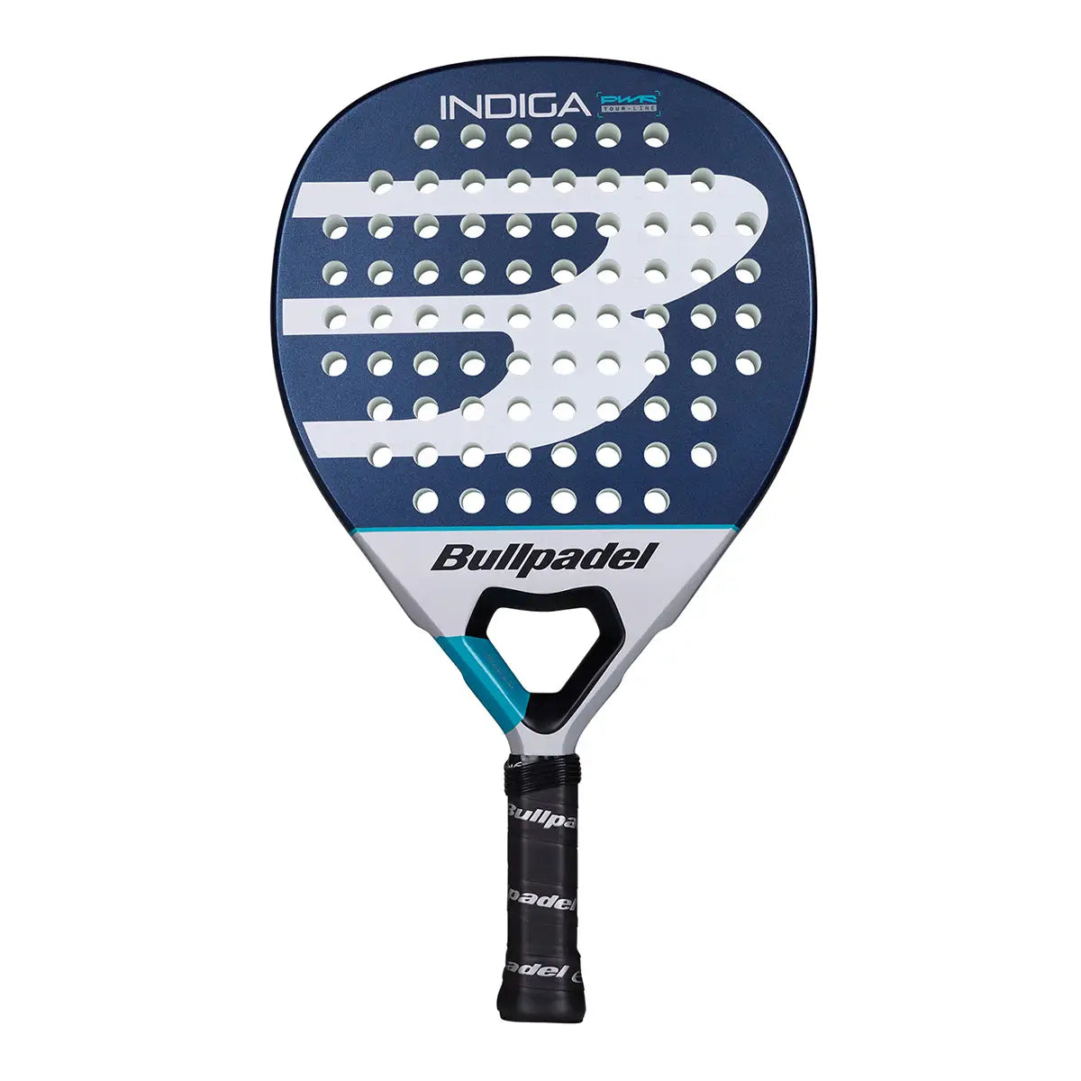 A blue Bullpadel Indiga padel racket on a white background.