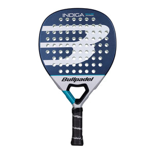 A blue Bullpadel Indiga padel racket on a white background.